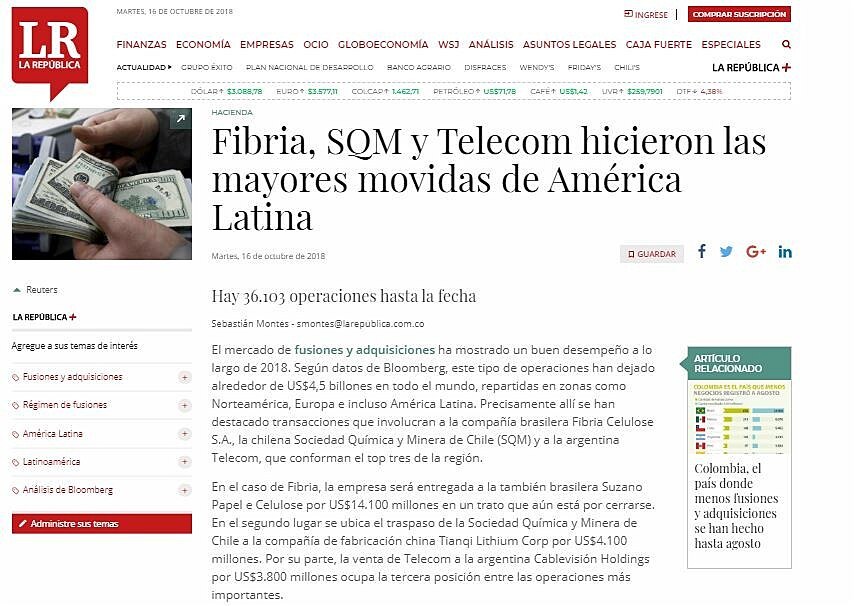 Fibria, SQM y Telecom hicieron las mayores movidas de Amrica Latina